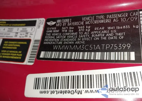 2010 Mini Cooper S Clubman from USA, damaged, VIN WMWMM3C51ATP75399